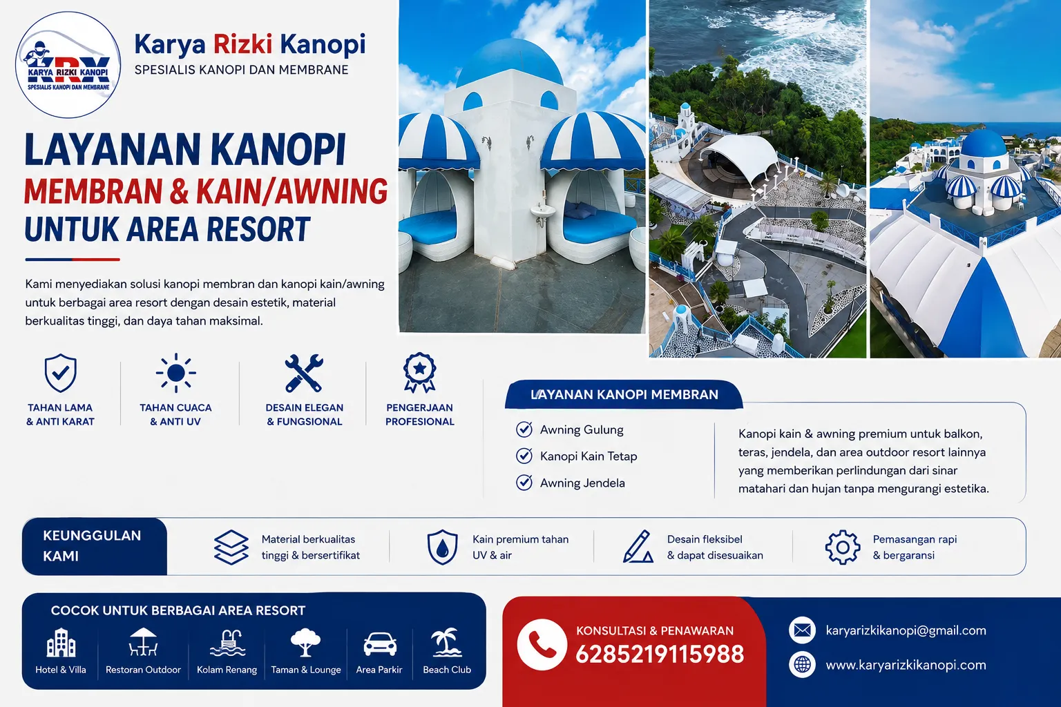 Paket Pemasangan Kanopi Membran dan Awning Kain Sunbrella